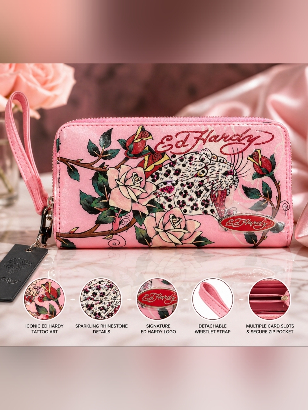 Ed Hardy Pink Rhinestone Tiger Zip Wallet Wristlet • Roses • NWT